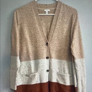 J. Jill Neutral Tone Colorblock V-Neck Button Cardigan